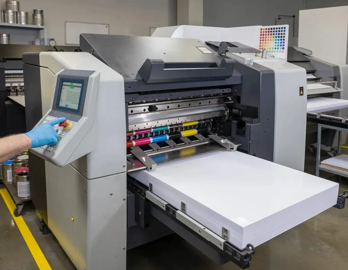 Operator at the touchscreen of a sheet-fed printing press, with a stack of paper in the delivery tray